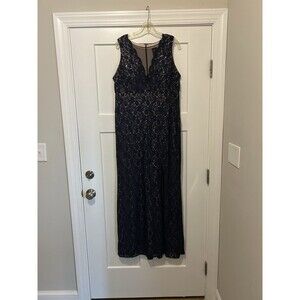 Nightway Navy Blue Lace and Taupe Evening Gown Size 14W Modest Formal Long MOB